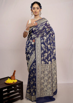 Navy Blue Chiffon Pure Silk Saree With Blouse Piece - Indian Silk House Agencies