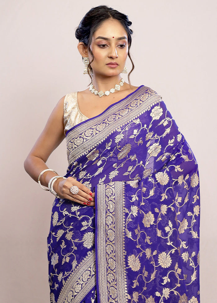 Royal Blue Chiffon Pure Silk Saree With Blouse Piece - Indian Silk House Agencies