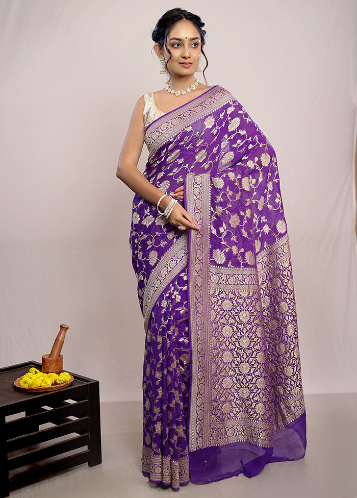 Purple Chiffon Pure Silk Saree With Blouse Piece - Indian Silk House Agencies