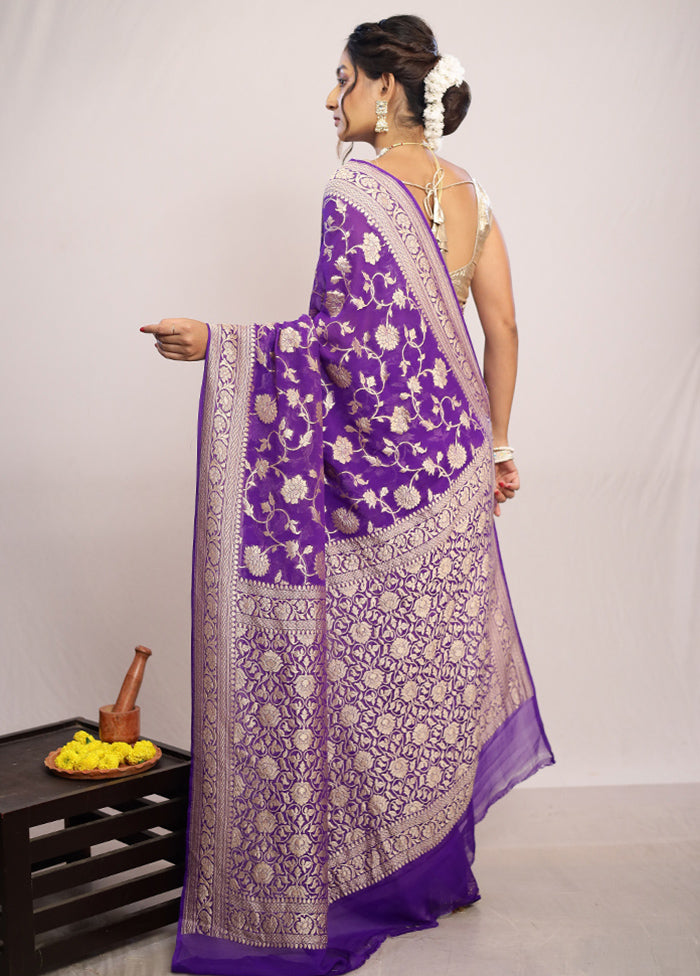 Purple Chiffon Pure Silk Saree With Blouse Piece - Indian Silk House Agencies