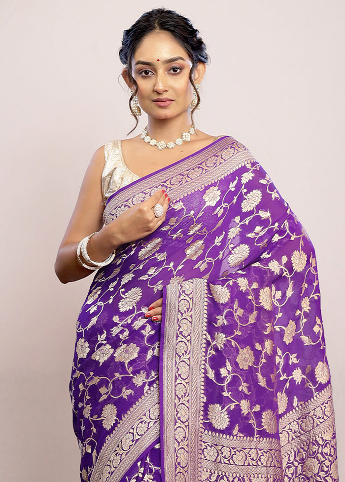 Purple Chiffon Pure Silk Saree With Blouse Piece - Indian Silk House Agencies