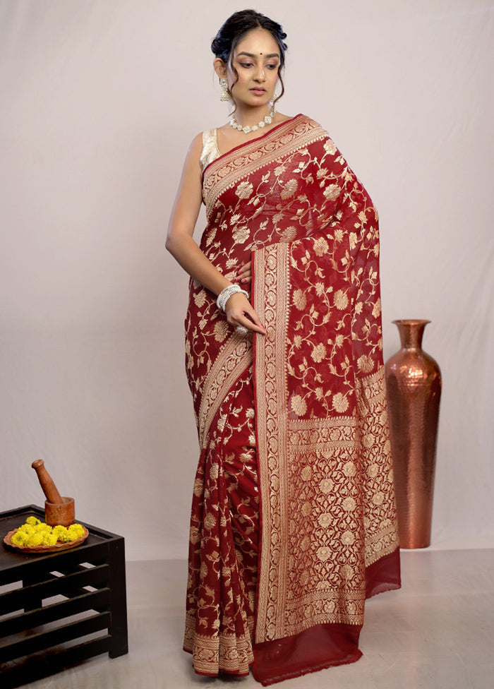 Maroon Chiffon Pure Silk Saree With Blouse Piece - Indian Silk House Agencies