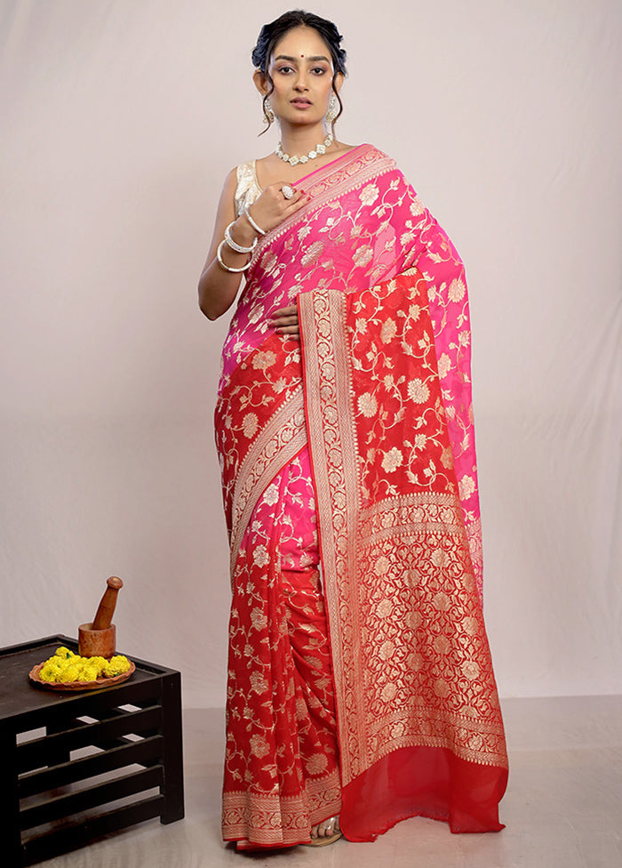 Red Chiffon Pure Silk Saree With Blouse Piece - Indian Silk House Agencies