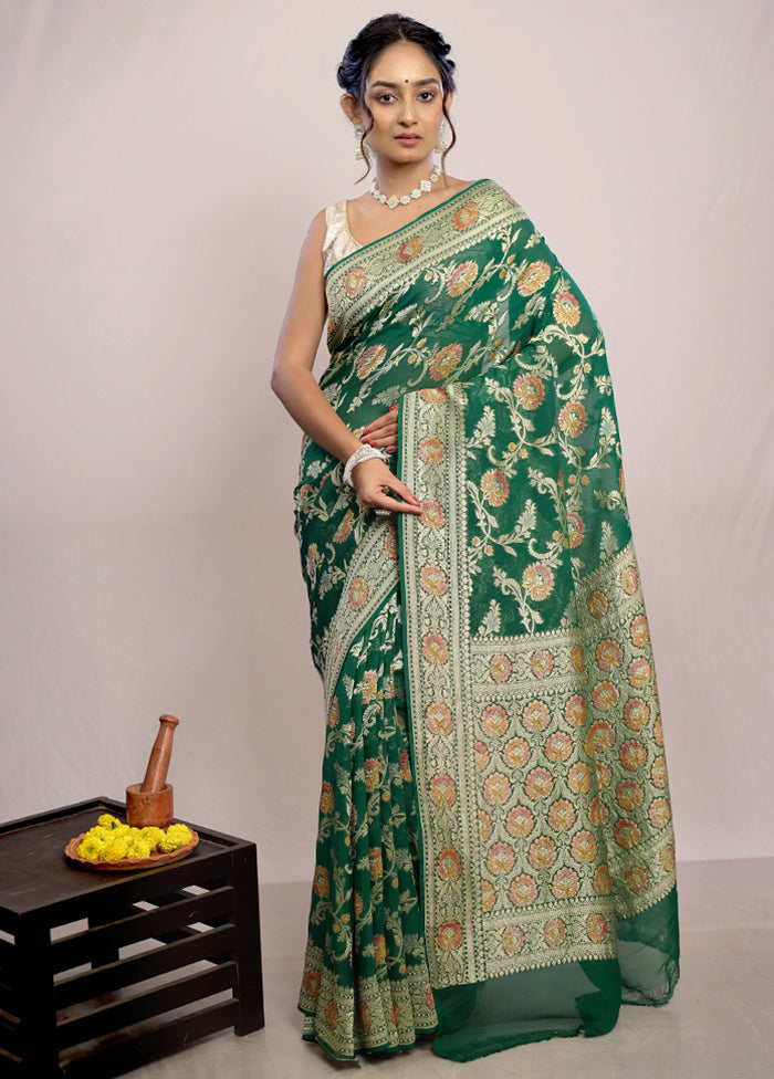 Bottle Green Chiffon Pure Silk Saree With Blouse Piece - Indian Silk House Agencies