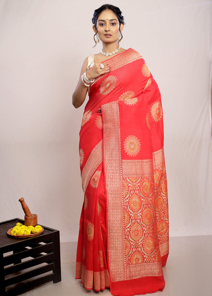 Red Chiffon Pure Silk Saree With Blouse Piece - Indian Silk House Agencies