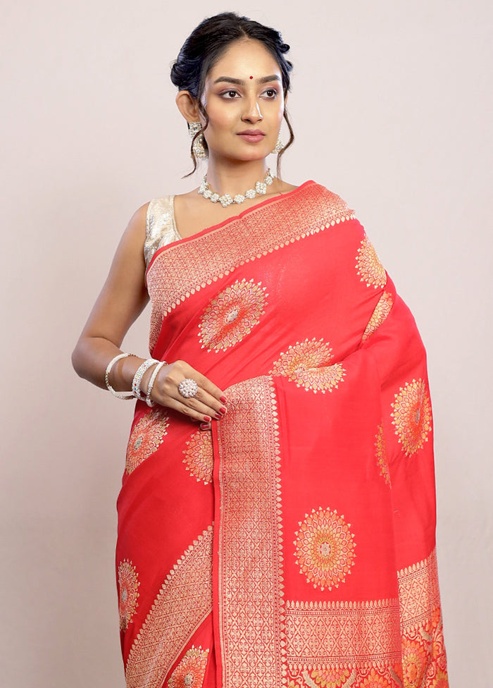 Red Chiffon Pure Silk Saree With Blouse Piece - Indian Silk House Agencies