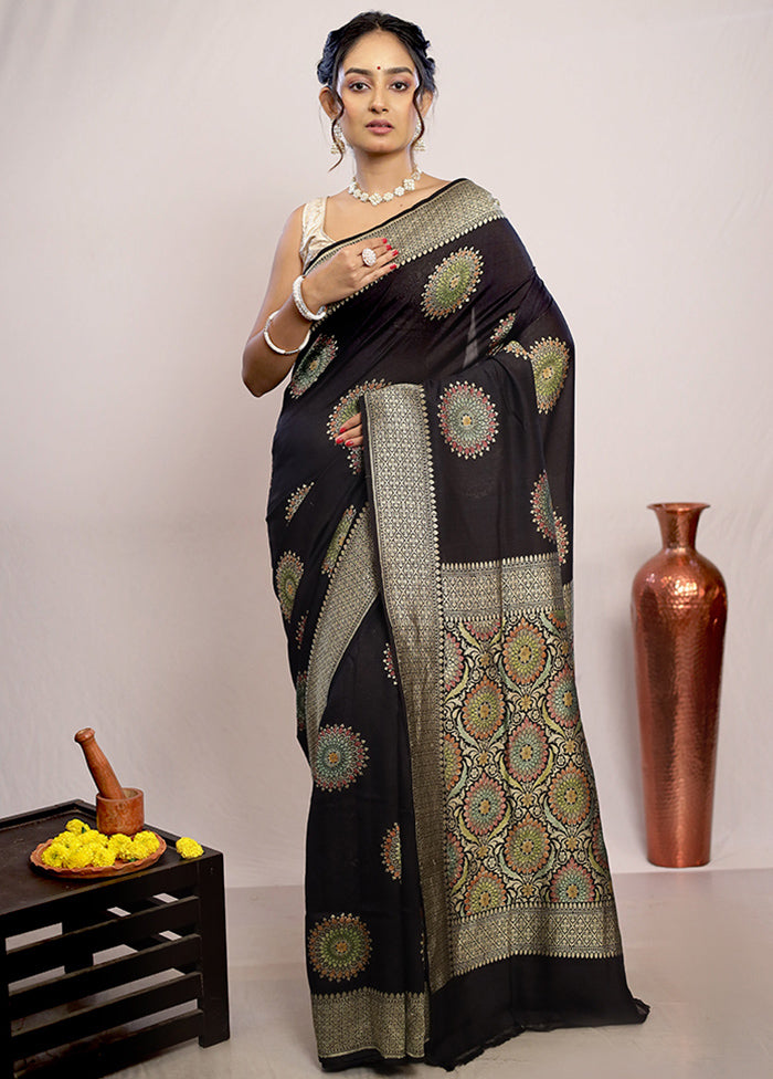 Black Chiffon Pure Silk Saree With Blouse Piece - Indian Silk House Agencies