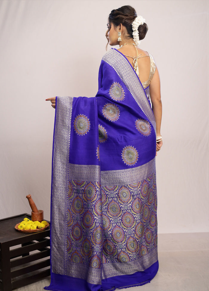 Royal Blue Chiffon Pure Silk Saree With Blouse Piece - Indian Silk House Agencies