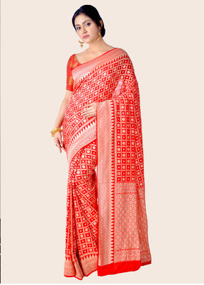 Red Chiffon Pure Silk Saree With Blouse Piece - Indian Silk House Agencies