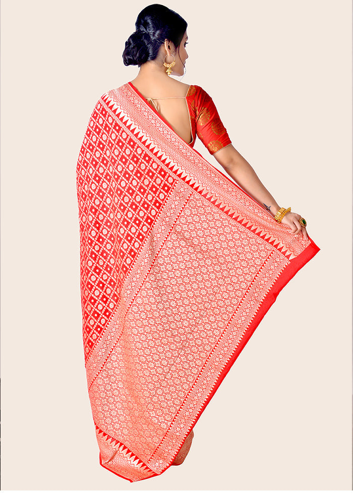 Red Chiffon Pure Silk Saree With Blouse Piece - Indian Silk House Agencies