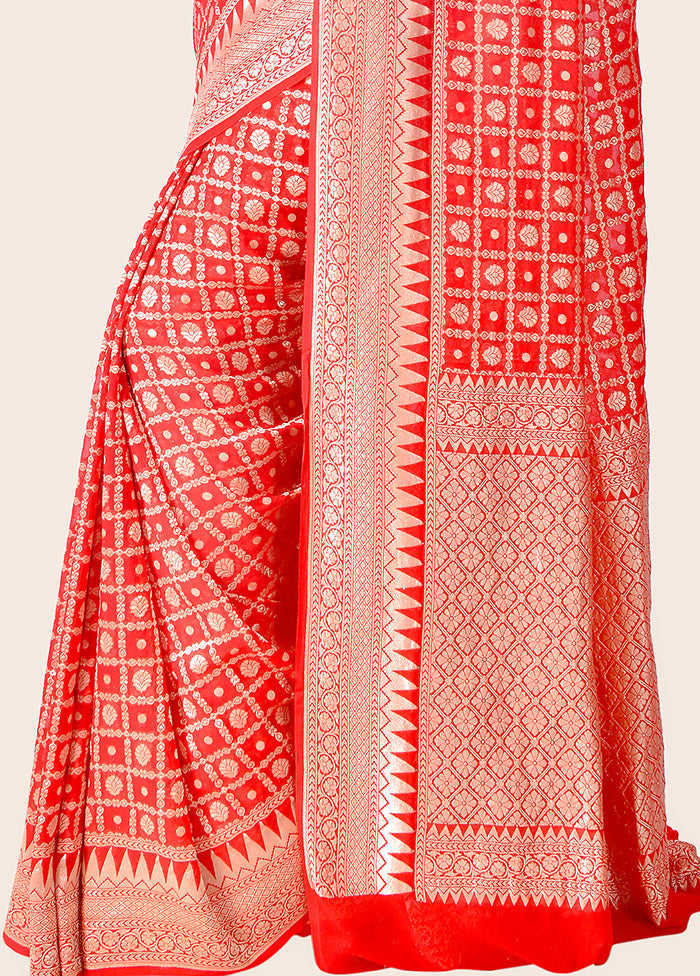 Red Chiffon Pure Silk Saree With Blouse Piece - Indian Silk House Agencies