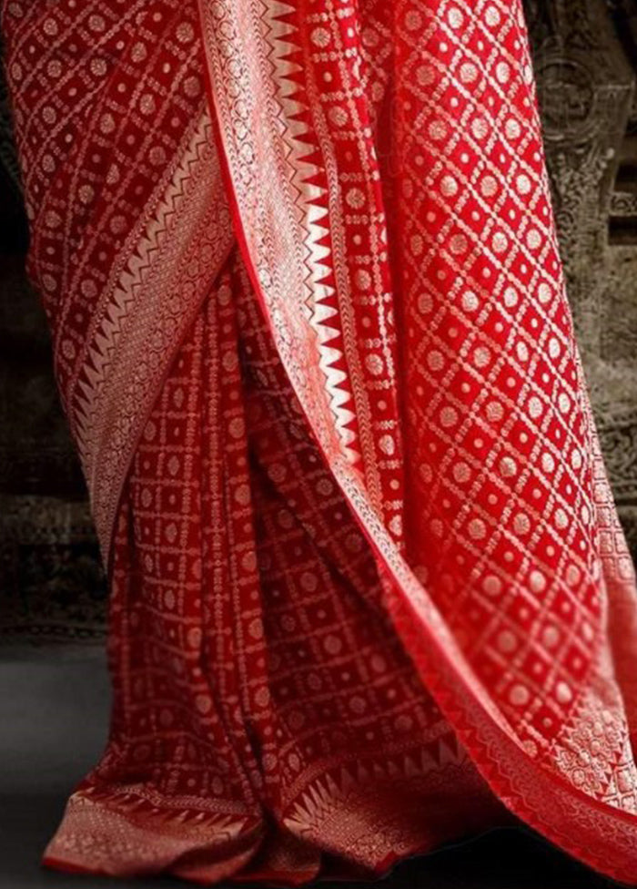 Red Chiffon Pure Silk Saree With Blouse Piece - Indian Silk House Agencies