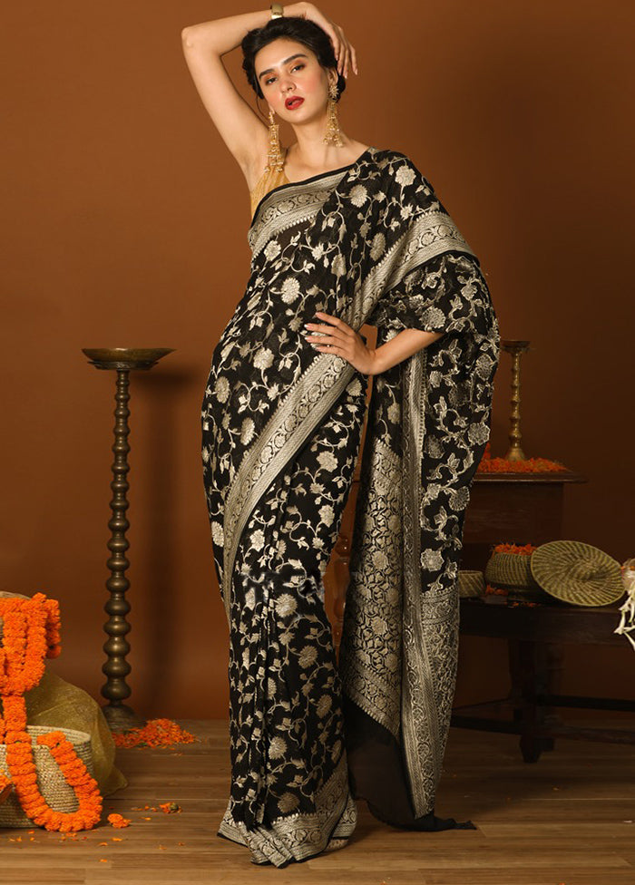 Black Chiffon Pure Silk Saree With Blouse Piece - Indian Silk House Agencies