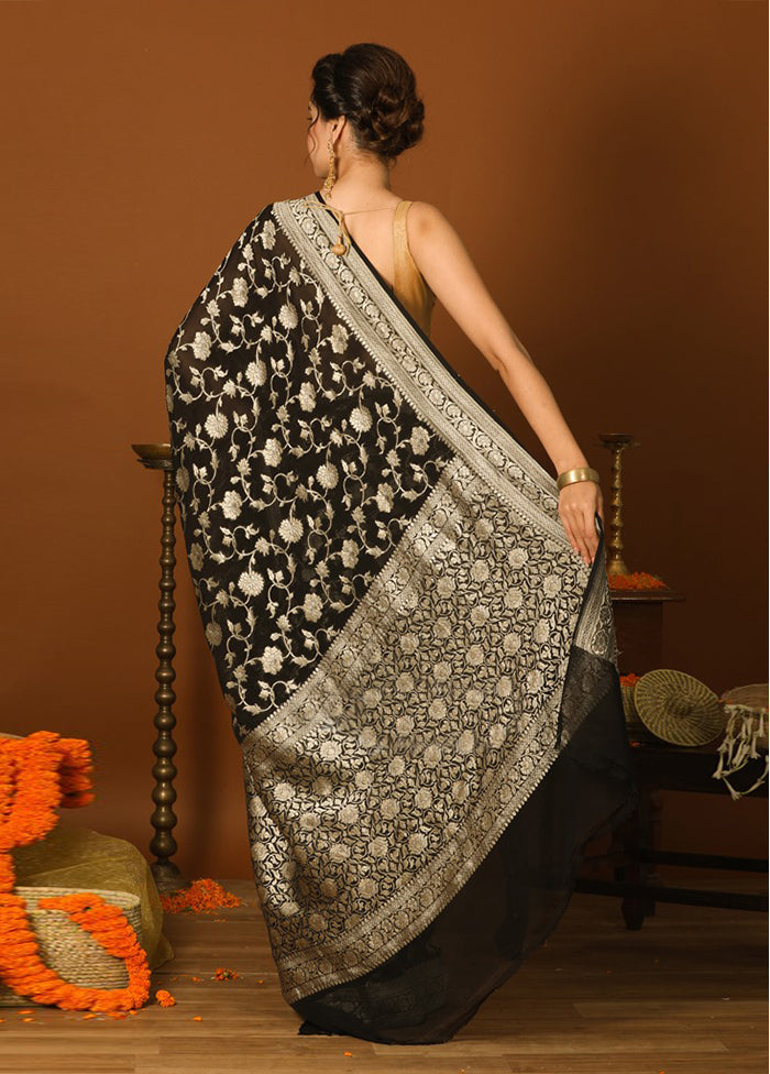 Black Chiffon Pure Silk Saree With Blouse Piece - Indian Silk House Agencies