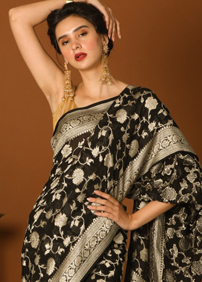 Black Chiffon Pure Silk Saree With Blouse Piece - Indian Silk House Agencies