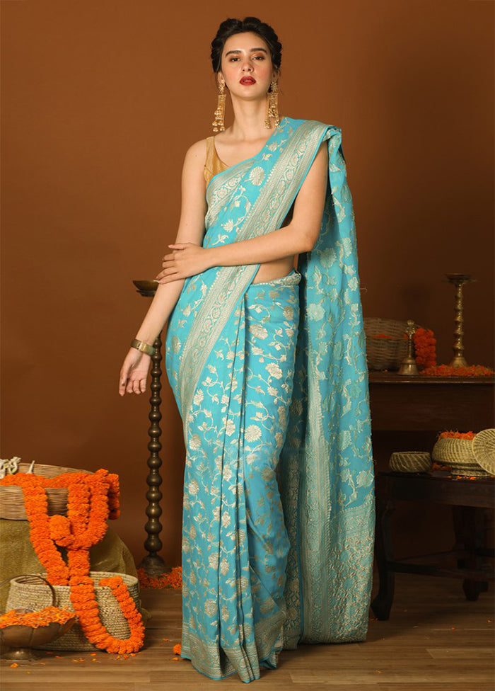 Blue Chiffon Pure Silk Saree With Blouse Piece - Indian Silk House Agencies