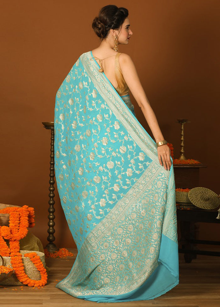 Blue Chiffon Pure Silk Saree With Blouse Piece - Indian Silk House Agencies