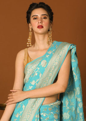 Blue Chiffon Pure Silk Saree With Blouse Piece - Indian Silk House Agencies