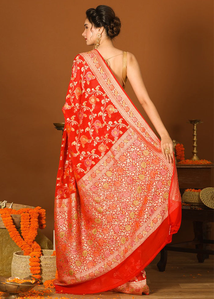 Red Chiffon Pure Silk Saree With Blouse Piece - Indian Silk House Agencies