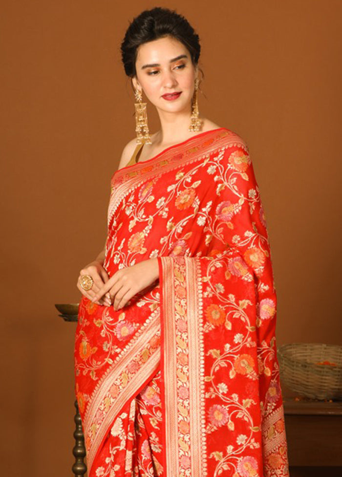 Red Chiffon Pure Silk Saree With Blouse Piece - Indian Silk House Agencies