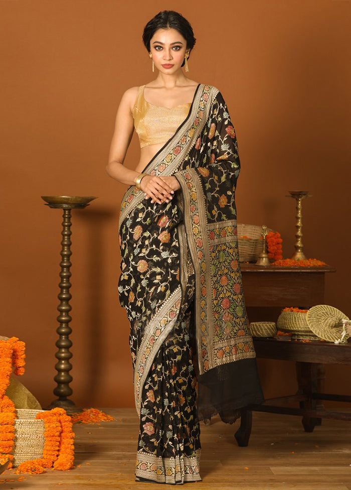 Black Chiffon Pure Silk Saree With Blouse Piece - Indian Silk House Agencies