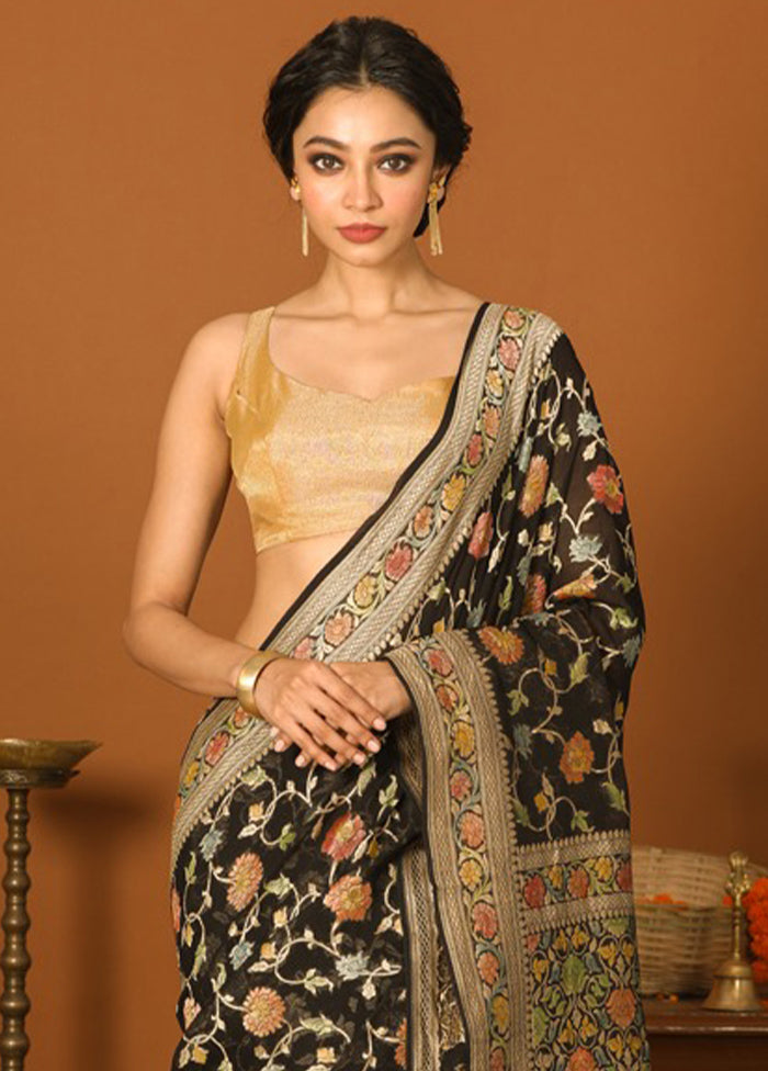 Black Chiffon Pure Silk Saree With Blouse Piece - Indian Silk House Agencies