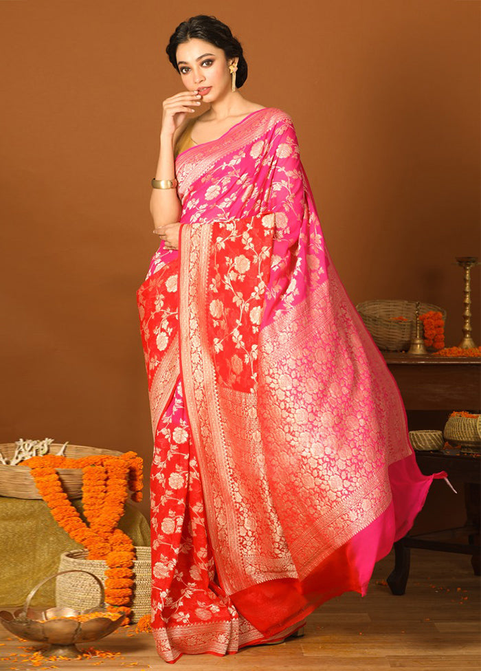 Red Chiffon Pure Silk Saree With Blouse Piece - Indian Silk House Agencies