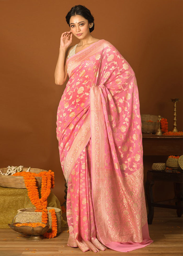 Pink Chiffon Pure Silk Saree With Blouse Piece - Indian Silk House Agencies