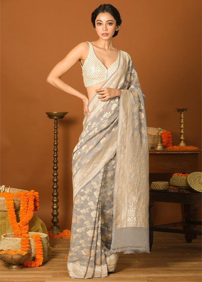 Grey Chiffon Pure Silk Saree With Blouse Piece - Indian Silk House Agencies