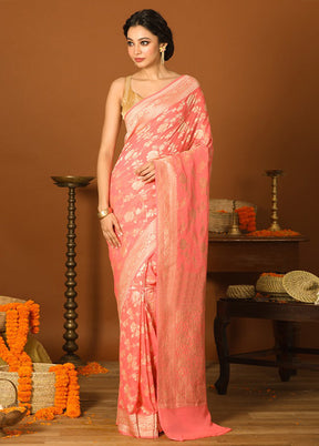 Pink Chiffon Pure Silk Saree With Blouse Piece - Indian Silk House Agencies