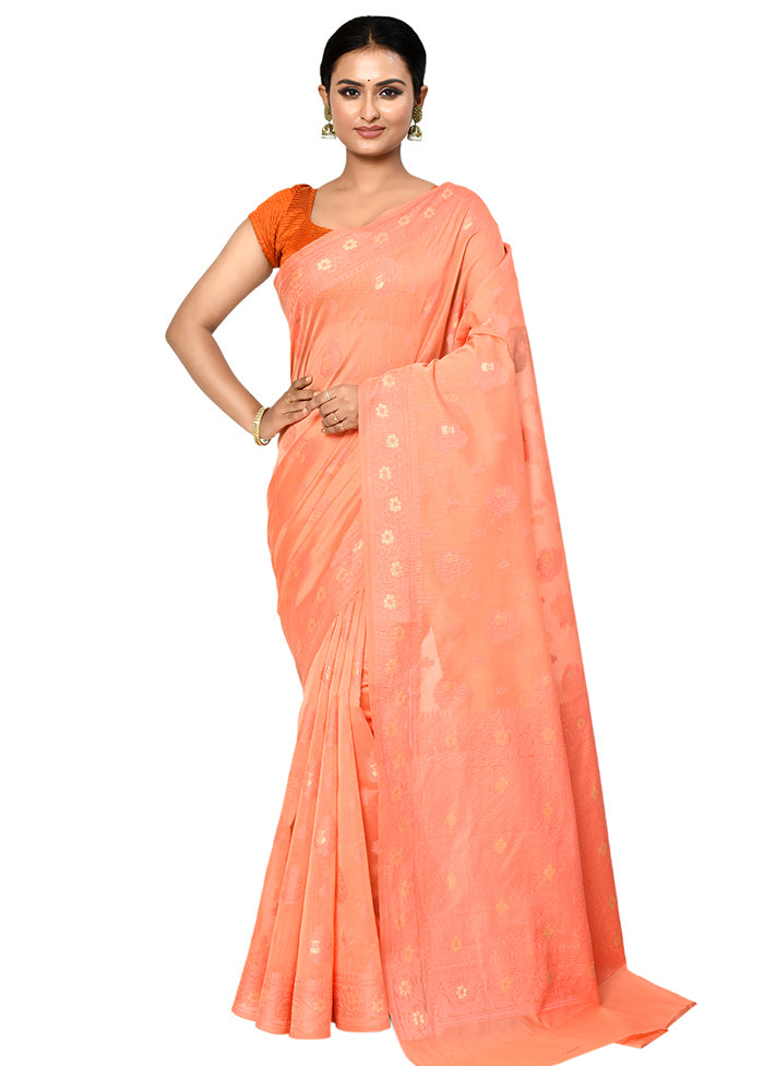 Peach Cotton Saree With Blouse Piece - Indian Silk House Agencies