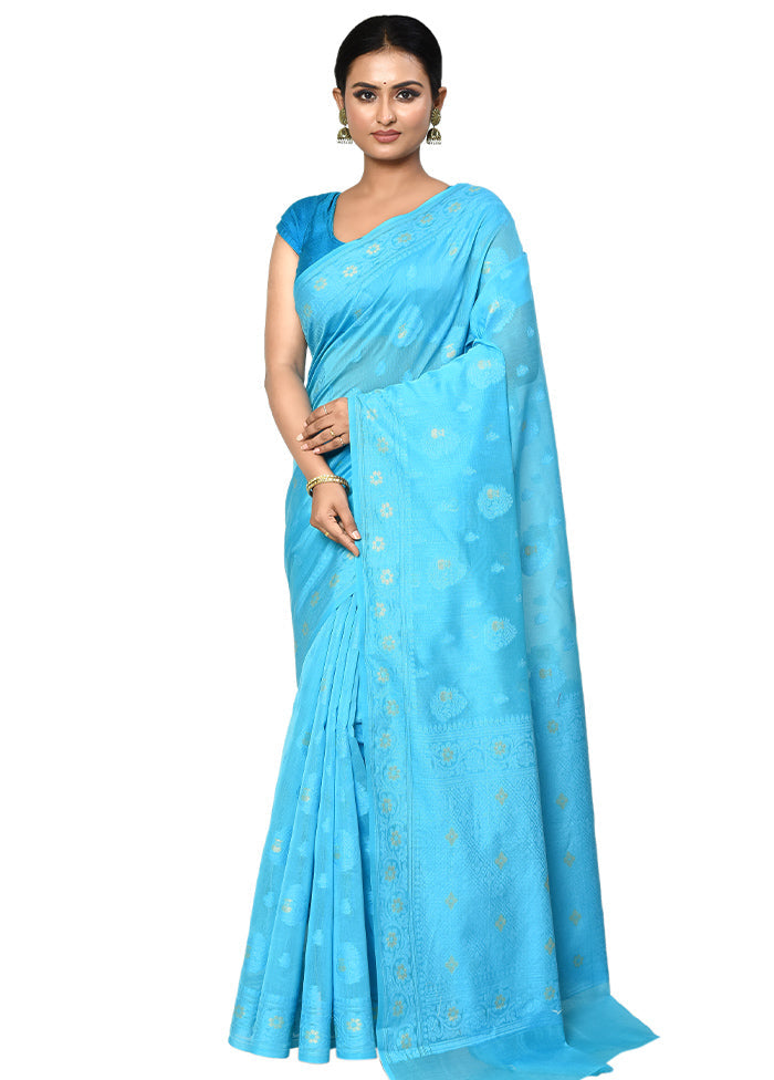 Blue Cotton Saree With Blouse Piece - Indian Silk House Agencies