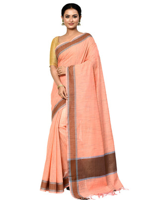 Peach Cotton Saree With Blouse Piece