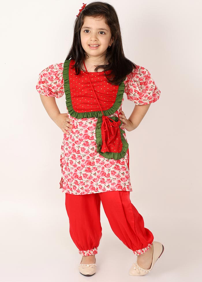 Red Cotton Frill Yoke Kurti Pant With Potli Set For Grls - Indian Silk House Agencies