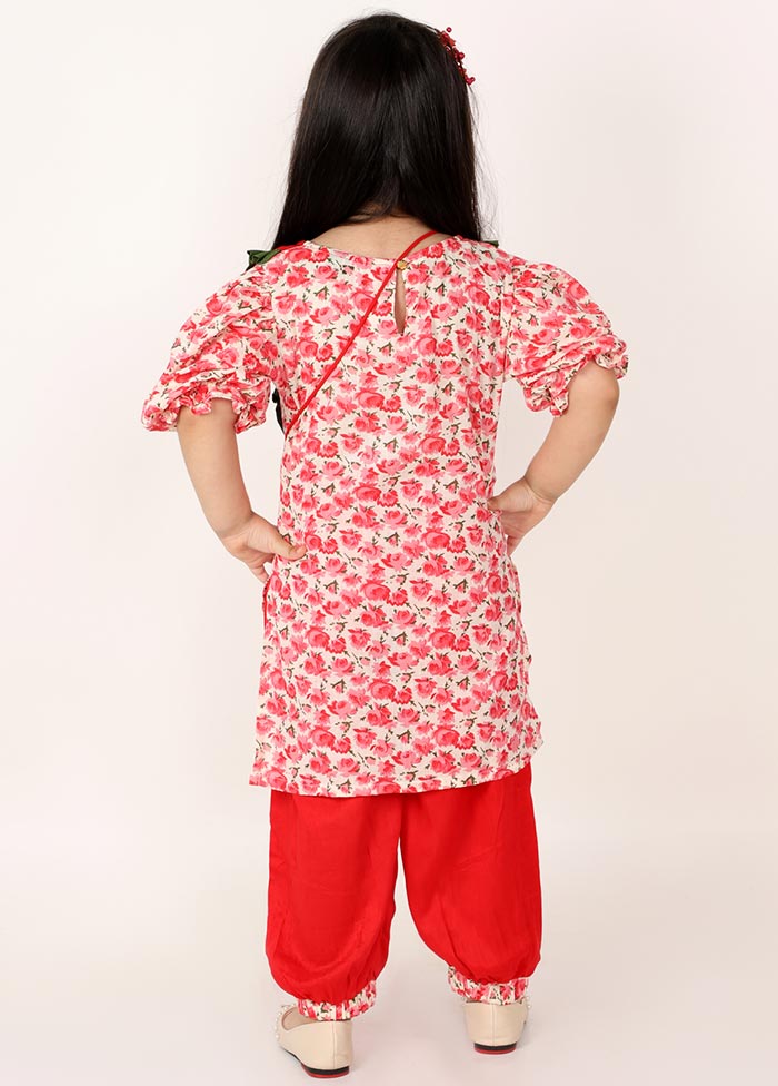 Red Cotton Frill Yoke Kurti Pant With Potli Set For Grls - Indian Silk House Agencies