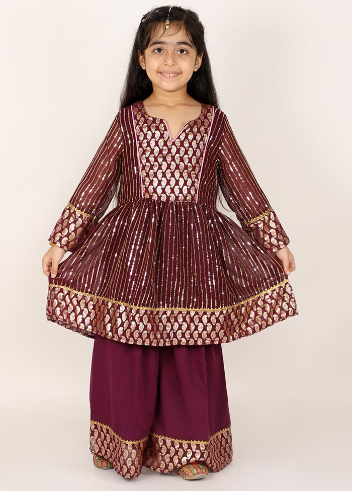 Wine Red Sequined Sharara Set For Girls - Indian Silk House Agencies