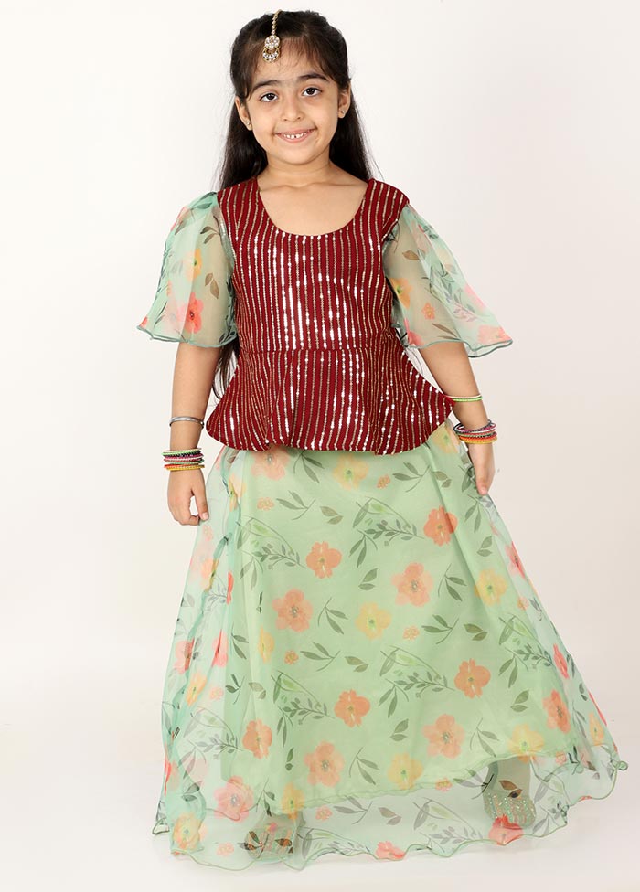 Green Printed Skirt Set For Girls - Indian Silk House Agencies