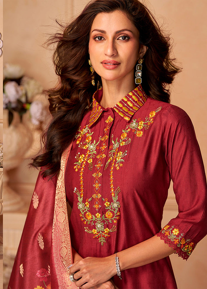 3 Pc Maroon Silk Suit Set