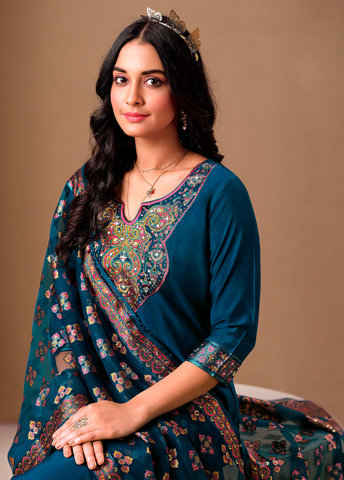 3 Pc Blue Silk Suit Set