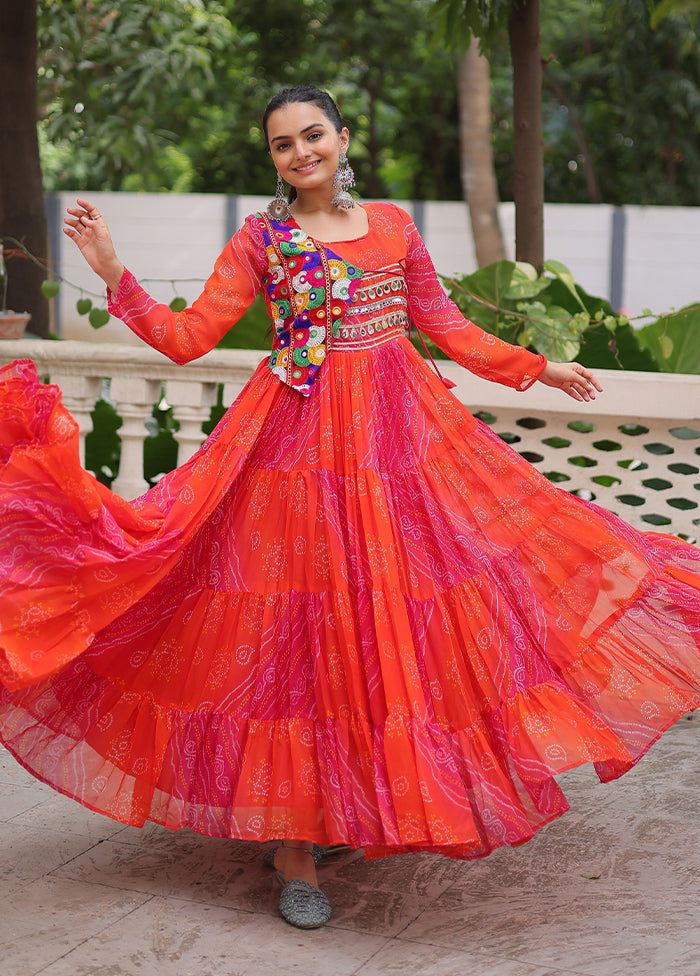 Orange Bandhani Printed Work Georgette Gown