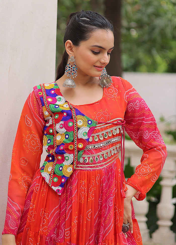 Orange Bandhani Printed Work Georgette Gown