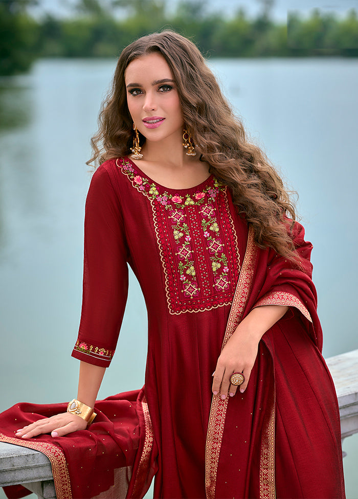 3 Pc Maroon Silk Suit Set