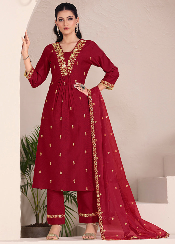 3 Pc Maroon Silk Suit Set