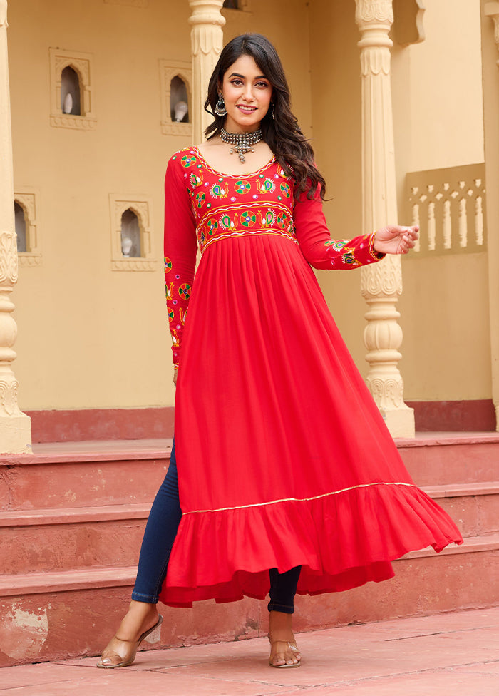 Red Gamthi Work Silk Kurti