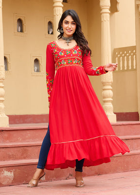 Red Gamthi Work Silk Kurti