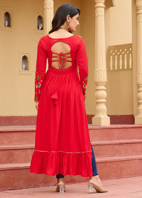 Red Gamthi Work Silk Kurti