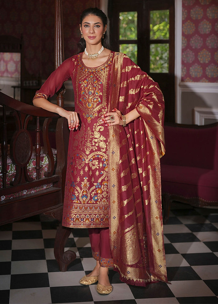 3 Pc Maroon Silk Suit Set