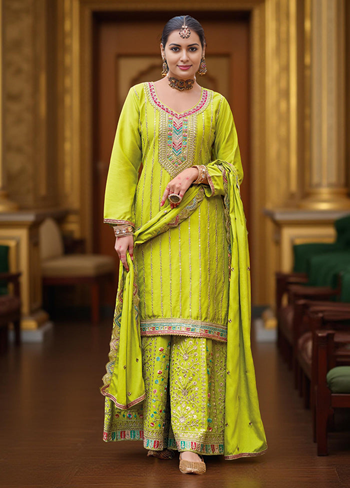 3 Pc Yellow Silk Plazzo Suits Set