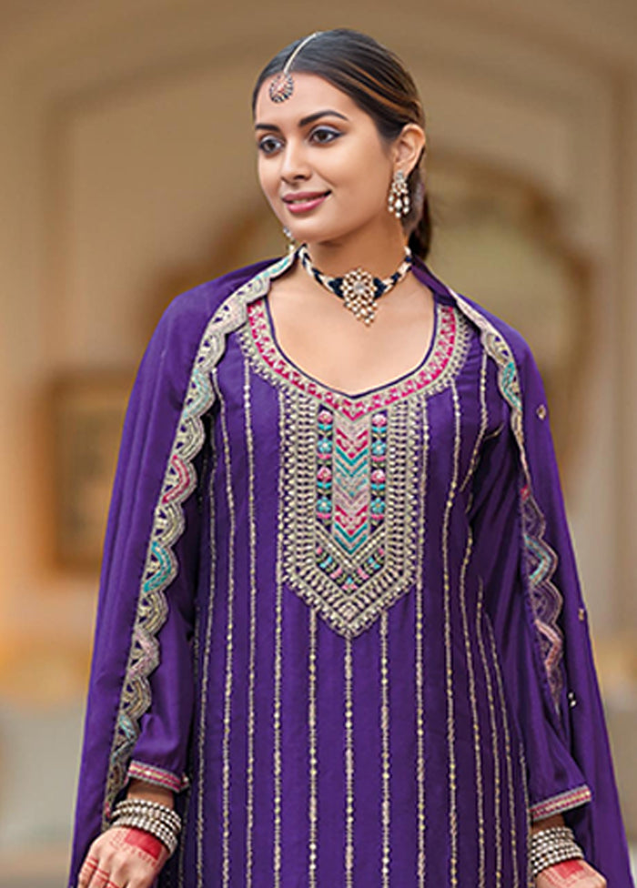 3 Pc Purple Silk Plazzo Suits Set
