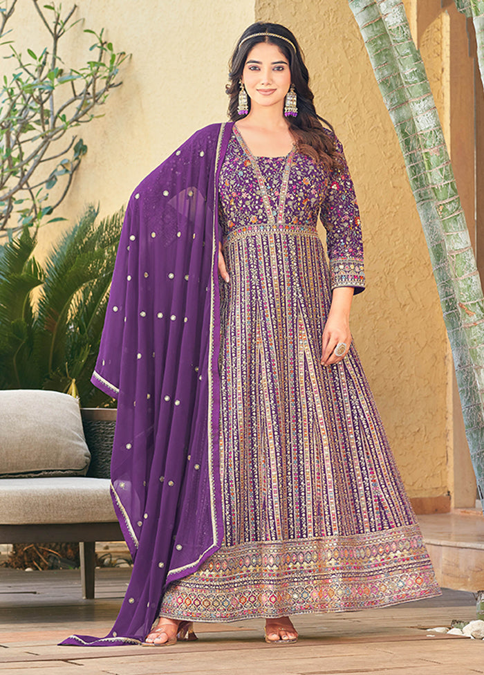 3 Pc Purple Georgette Anarkali Suits Set